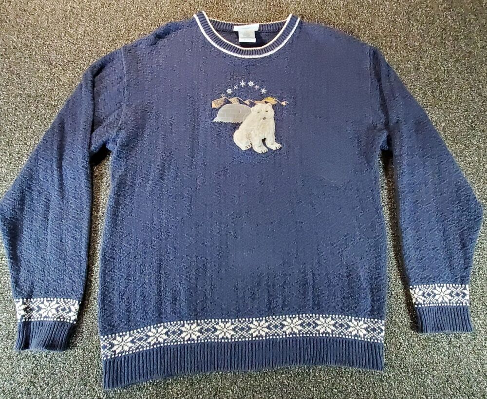 Vintage Northern Reflections Sweater Womens Medium Blue Knit Winter Snow Bear